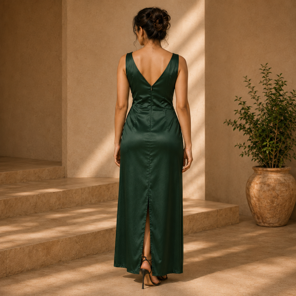 Emerald Bloom Cutout Satin Maxi Dress