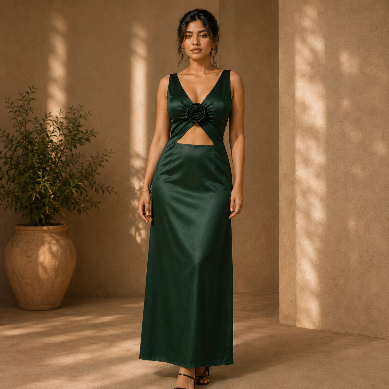 Emerald Bloom Cutout Satin Maxi Dress