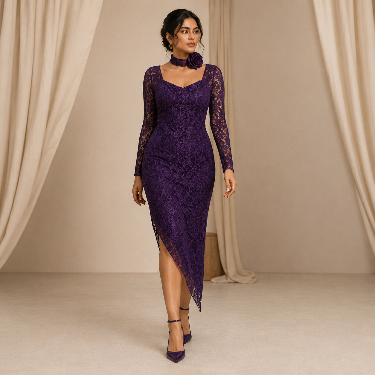 Regal Lace Asymmetric Dress