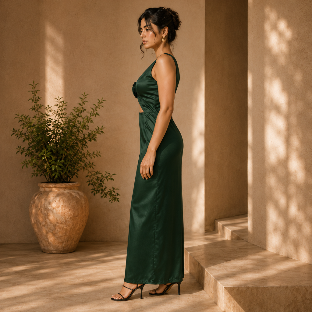 Emerald Bloom Cutout Satin Maxi Dress