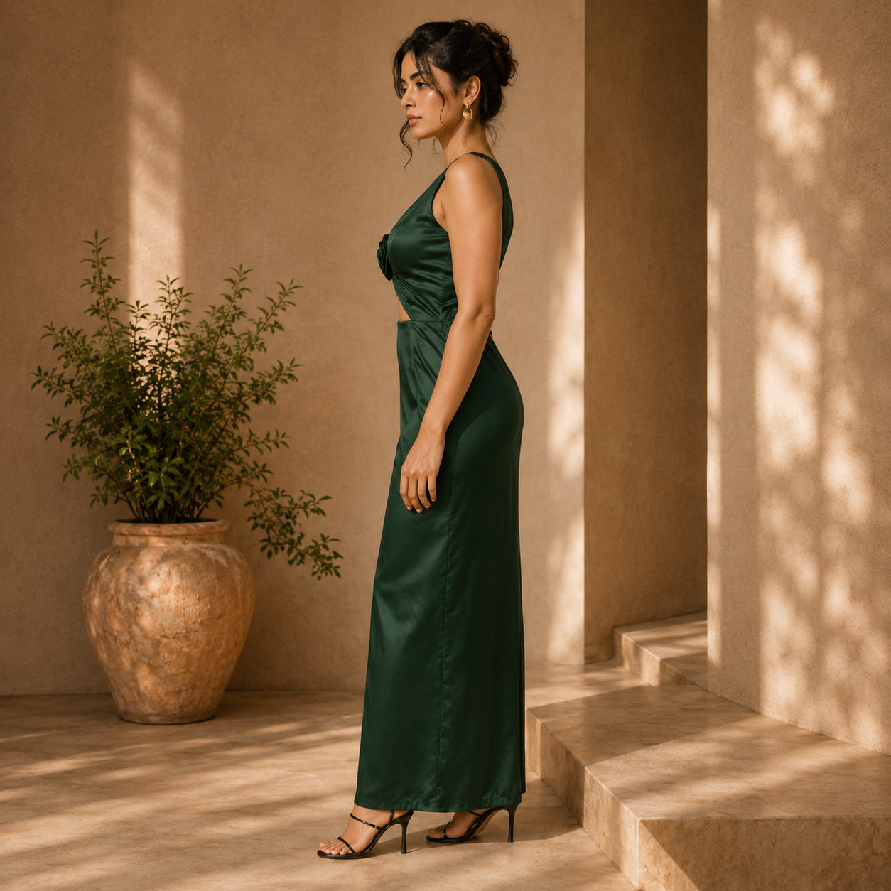 Emerald Bloom Cutout Satin Maxi Dress
